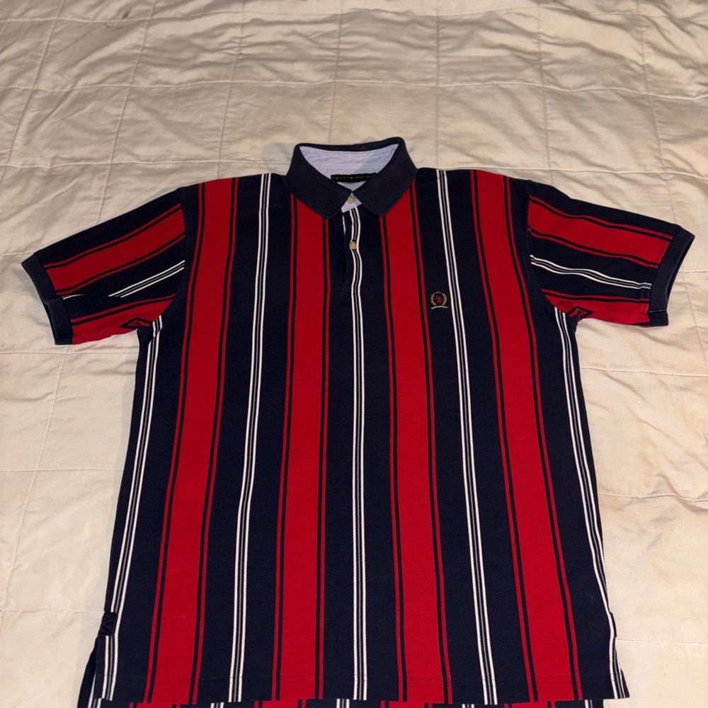 Omega Men's Red and Black Striped Polo Shirt